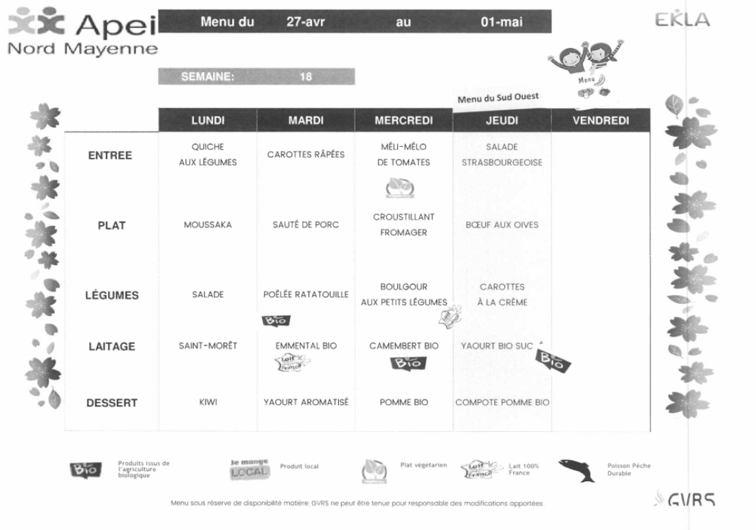 Menus du 27 avril au 01 mai
