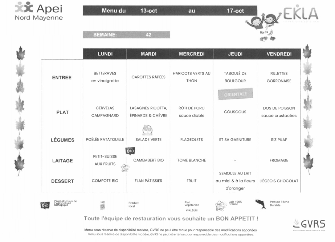 Menus du 13 octobre au 17 octobre 2025