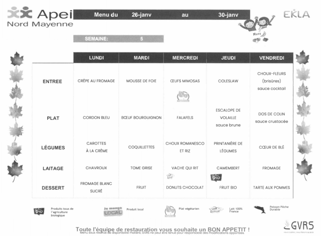 Menus du 26 au 30 janvier 2026