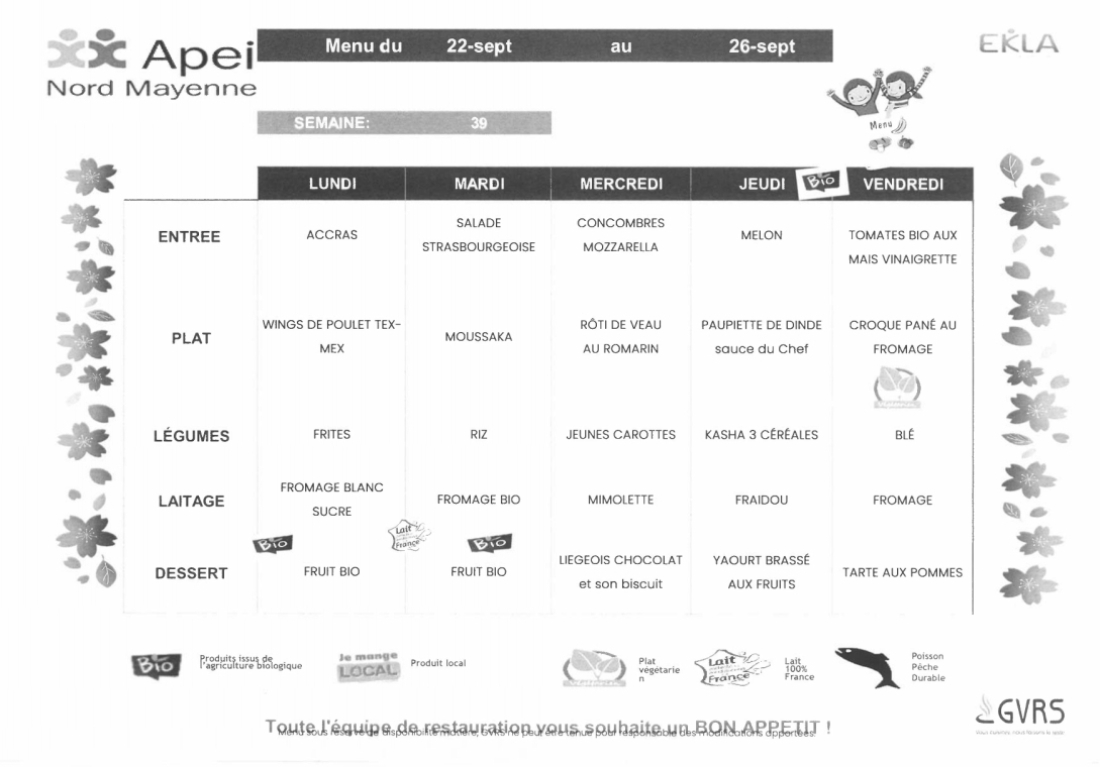 Menus du 22 au 26 septembre 2025