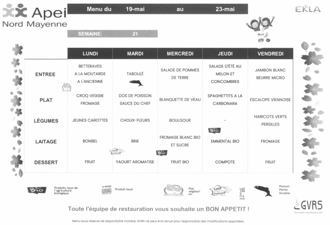 Menus du 19 au 23 mai