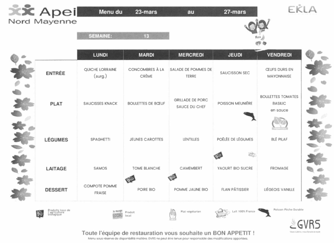 Menus du 23 au 27 mars