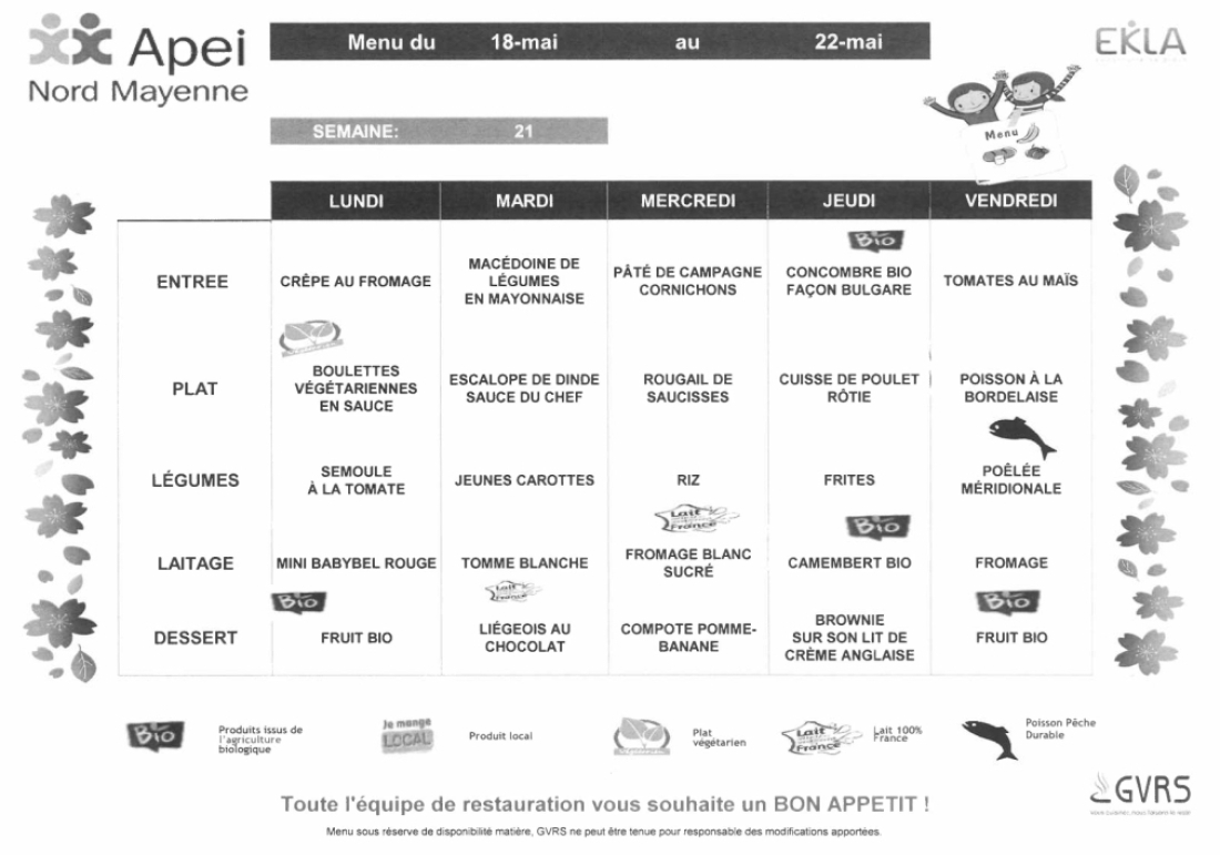 Menus du 18 au 22 mai