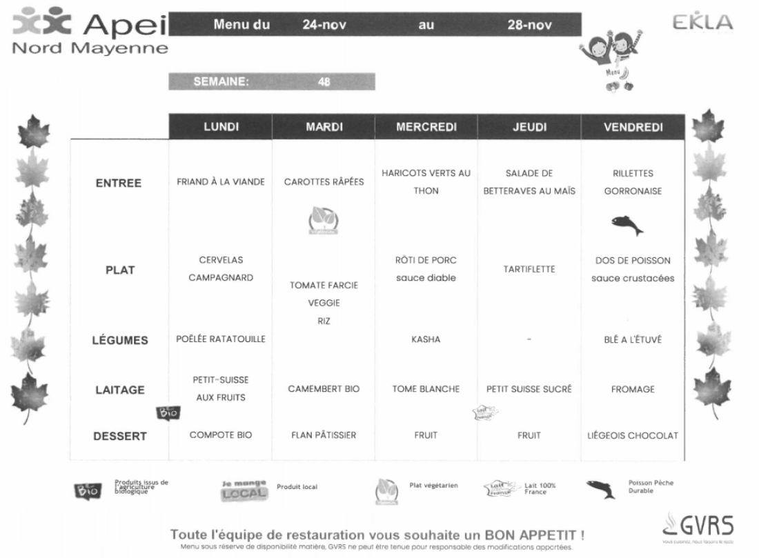 Menus du 24 au 28 novembre