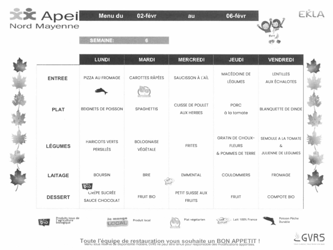 Menus du 2 au 6 f&eacute;vrier 2026
