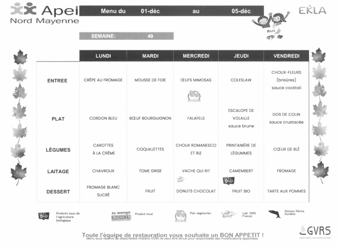 Menus du 01 au 05 décembre
