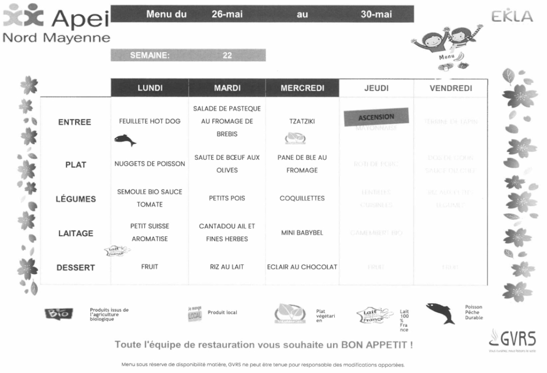Menus du 26 au 30 mai 2025