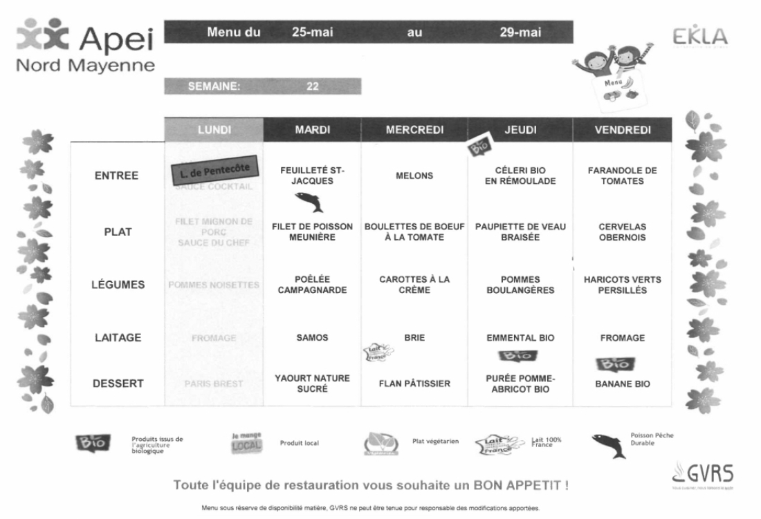 Menus du 25 au 29 mai