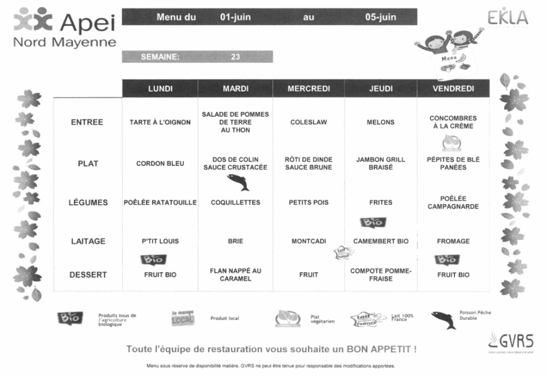 Menus du 01 au 05 juin