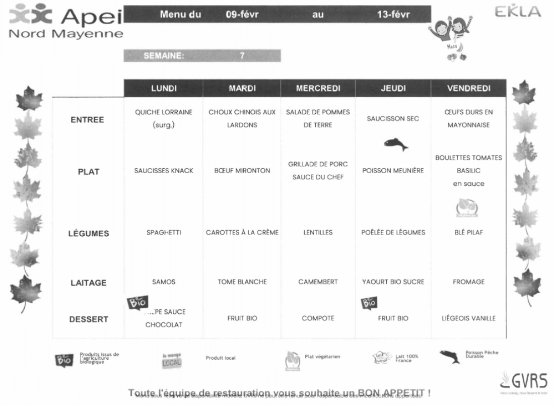Menus du 9 au 13 f&eacute;vrier 2026