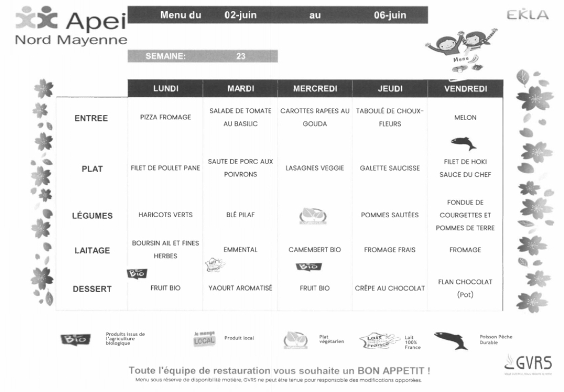 Menus du 2 au 6 juin 2025