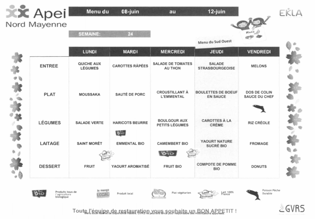Menus du 8 au 12 juin