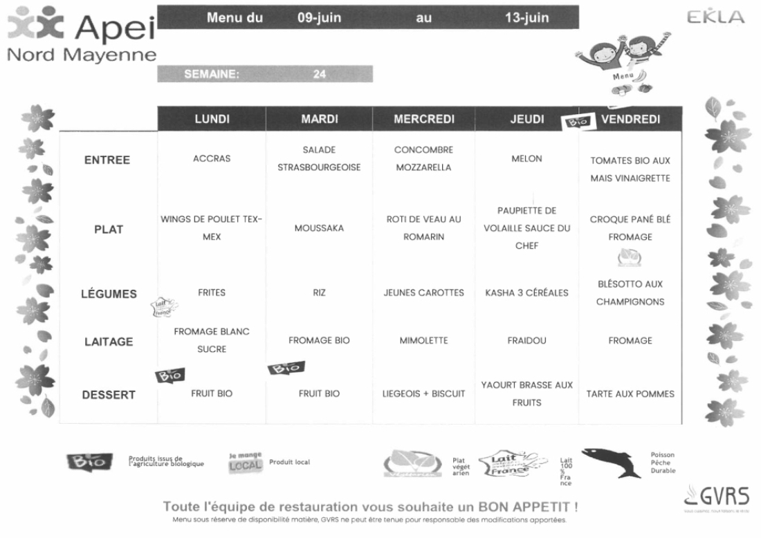 Menus du 9 au 13 juin