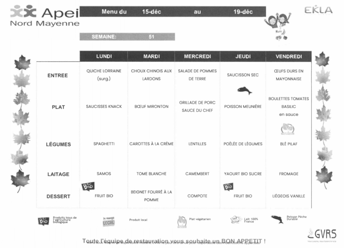 Menus du 15 au 19 décembre