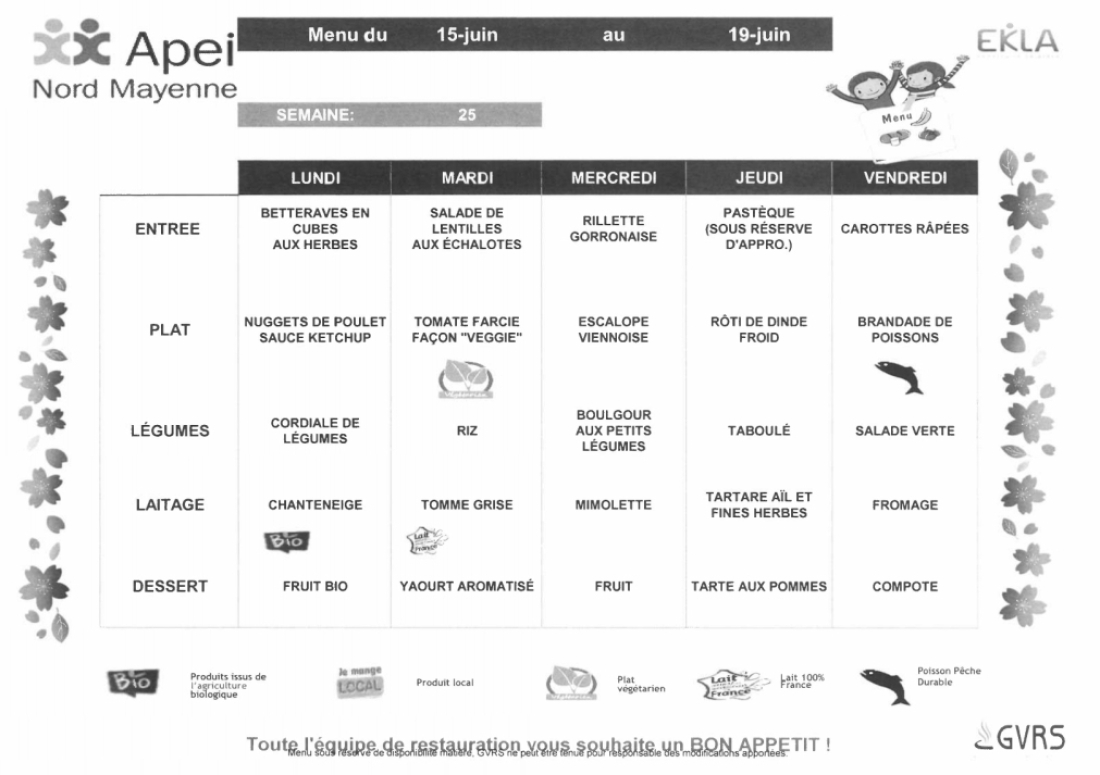 Menus du 15 au 19 juin