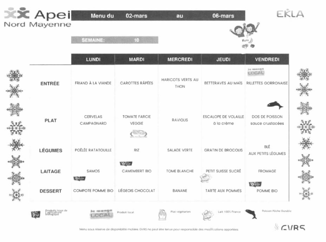 Menus du 5 au 09 janvier 2026