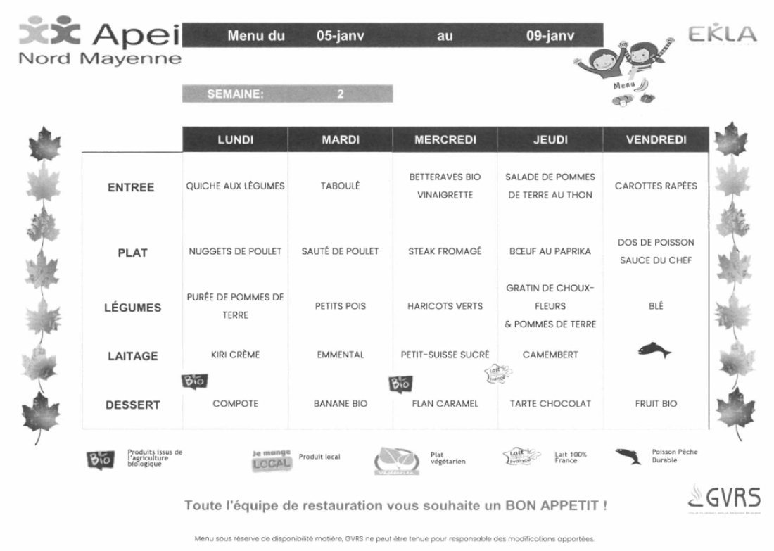 Menus du 5 au 09 janvier 2026