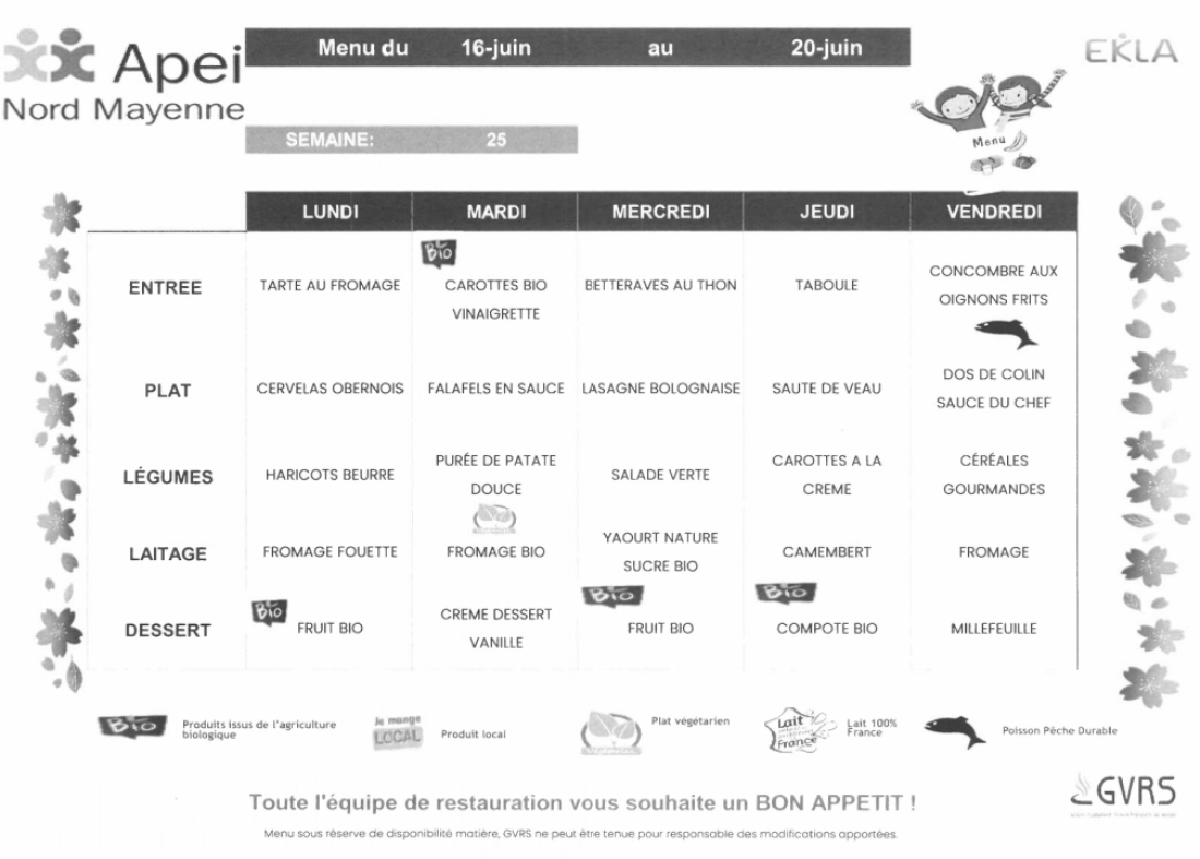 Menus du 16 juin au 20 juin