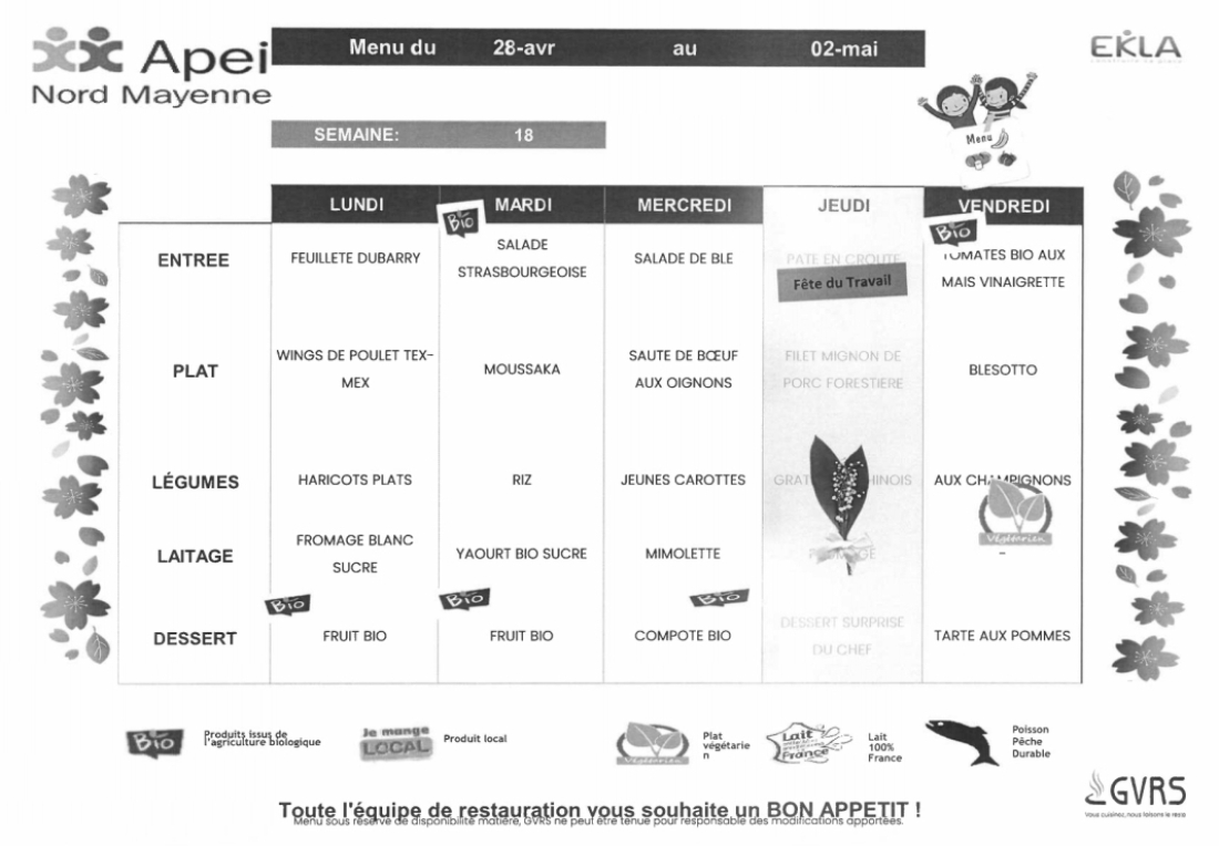 Menus du 28 avril au 02 mai