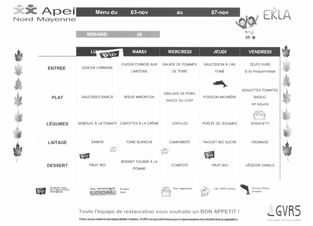 Menus du 3 novembre au 07 novembre