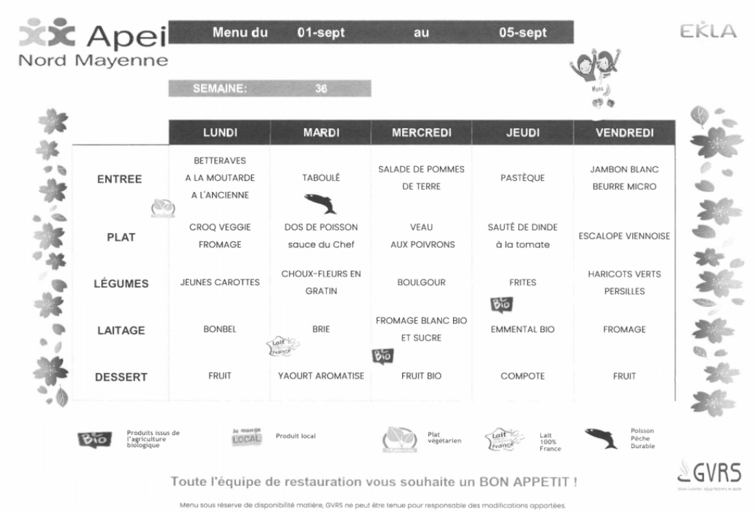 Menus du 01 au 5 septembre