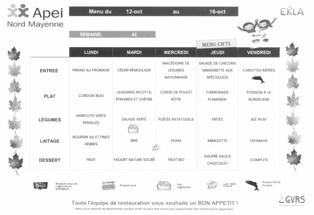 Menus du 12 au 16 octobre 2026