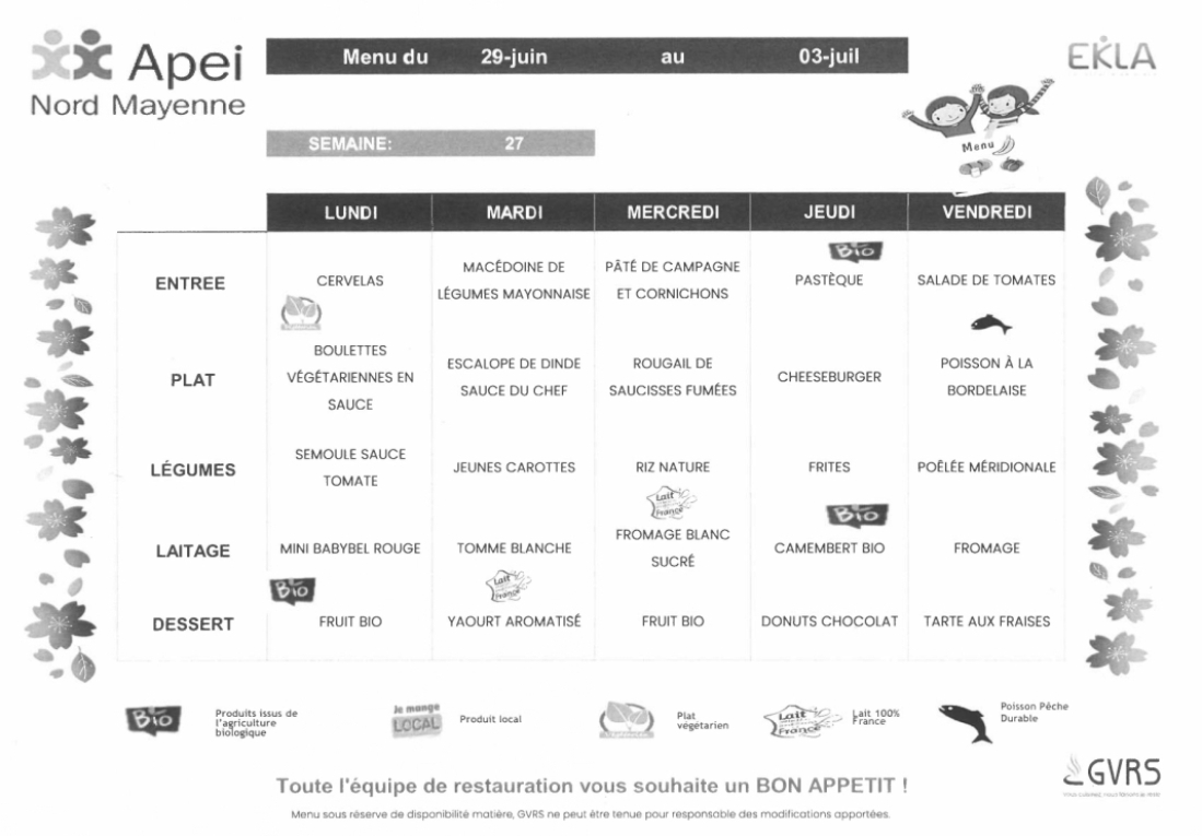 Menus du 29 juin au 03 juillet
