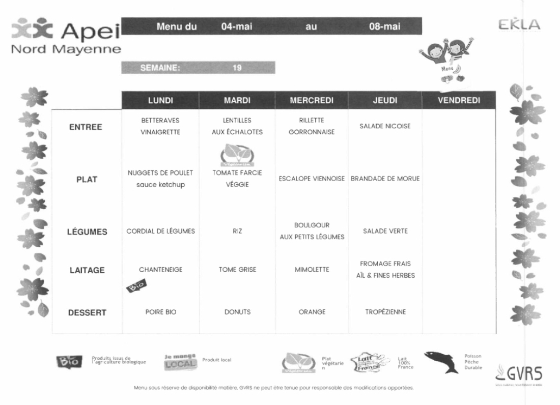 Menus du 4 au 8 mai 