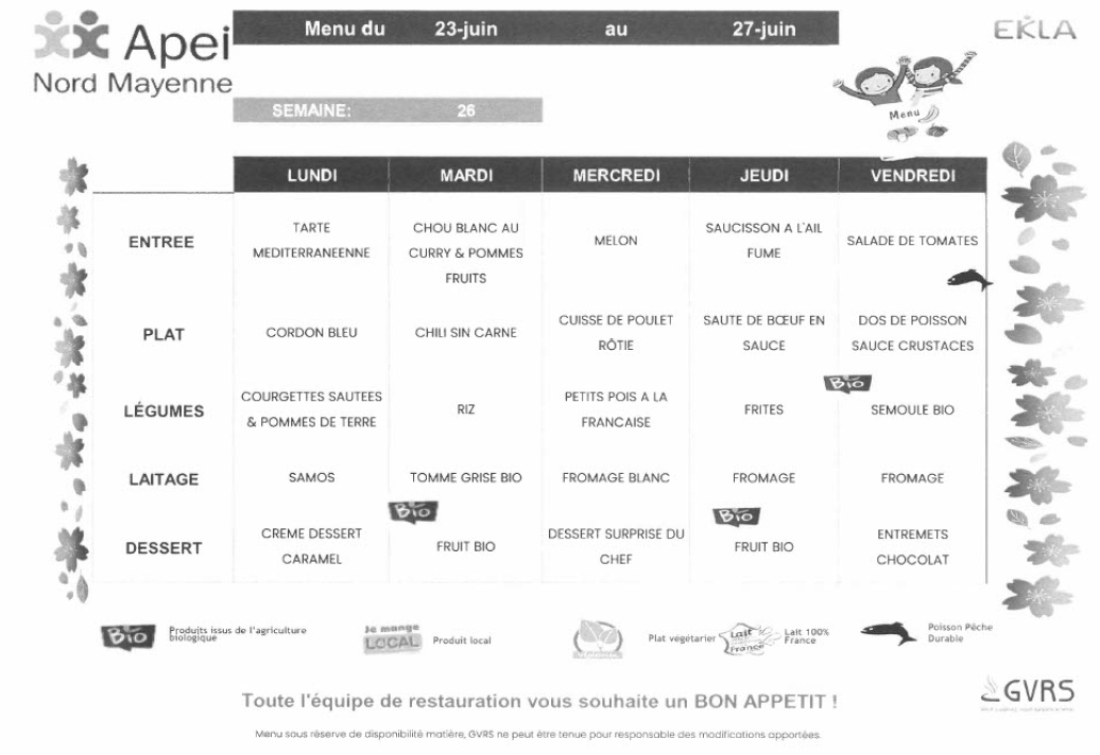Menus du 23 au 27 juin