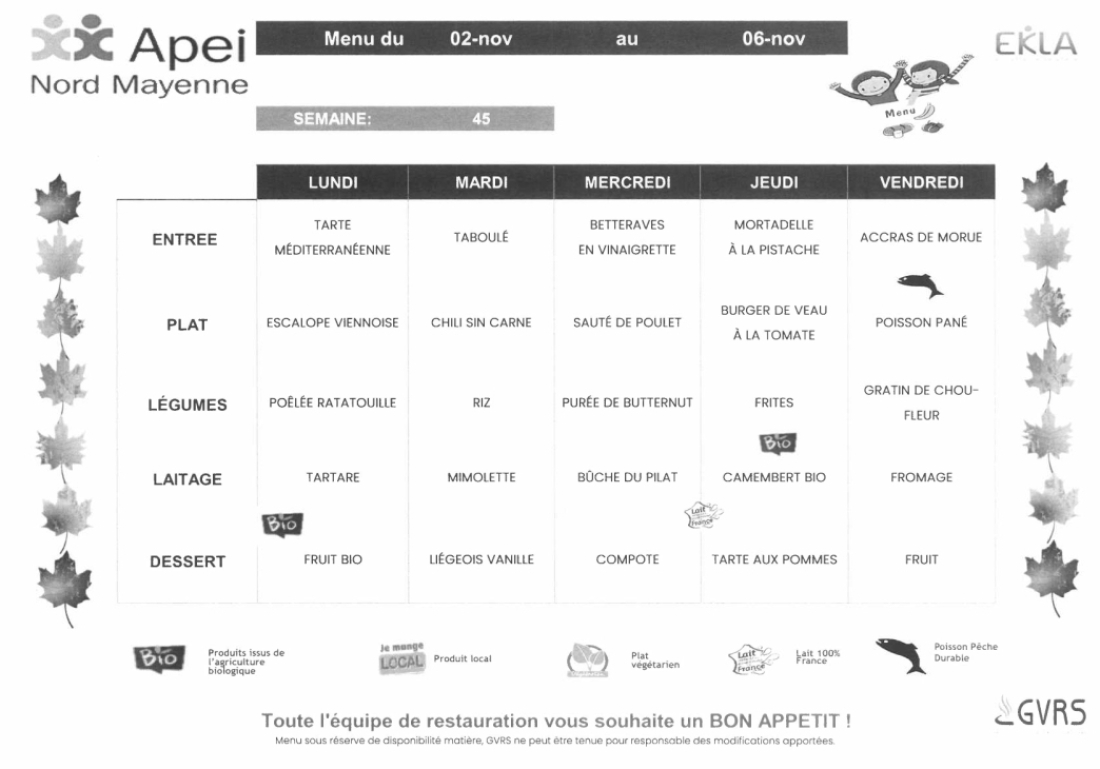 Menus du 02 novembre au 06 novembre 2026