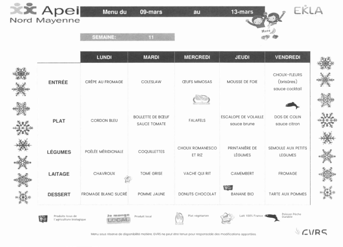 Menus du 9 au 13 mars 2026