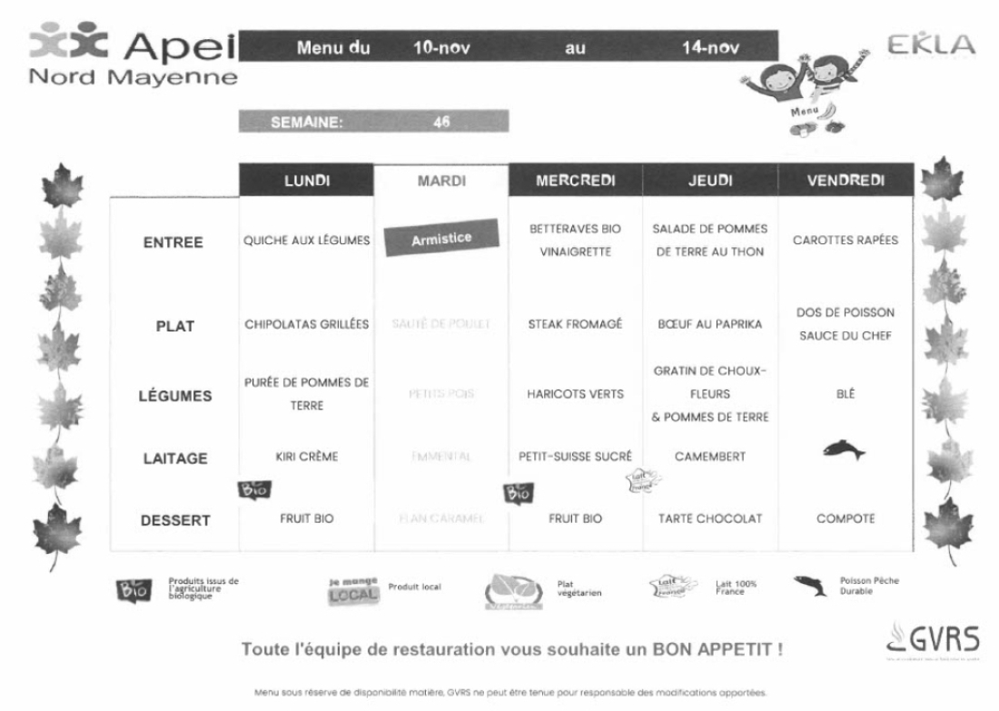 Menus du 10 au 14 novembre