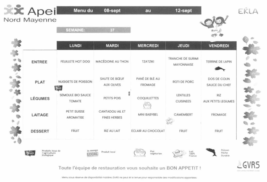 Menus du 8 au 12 septembre 2025