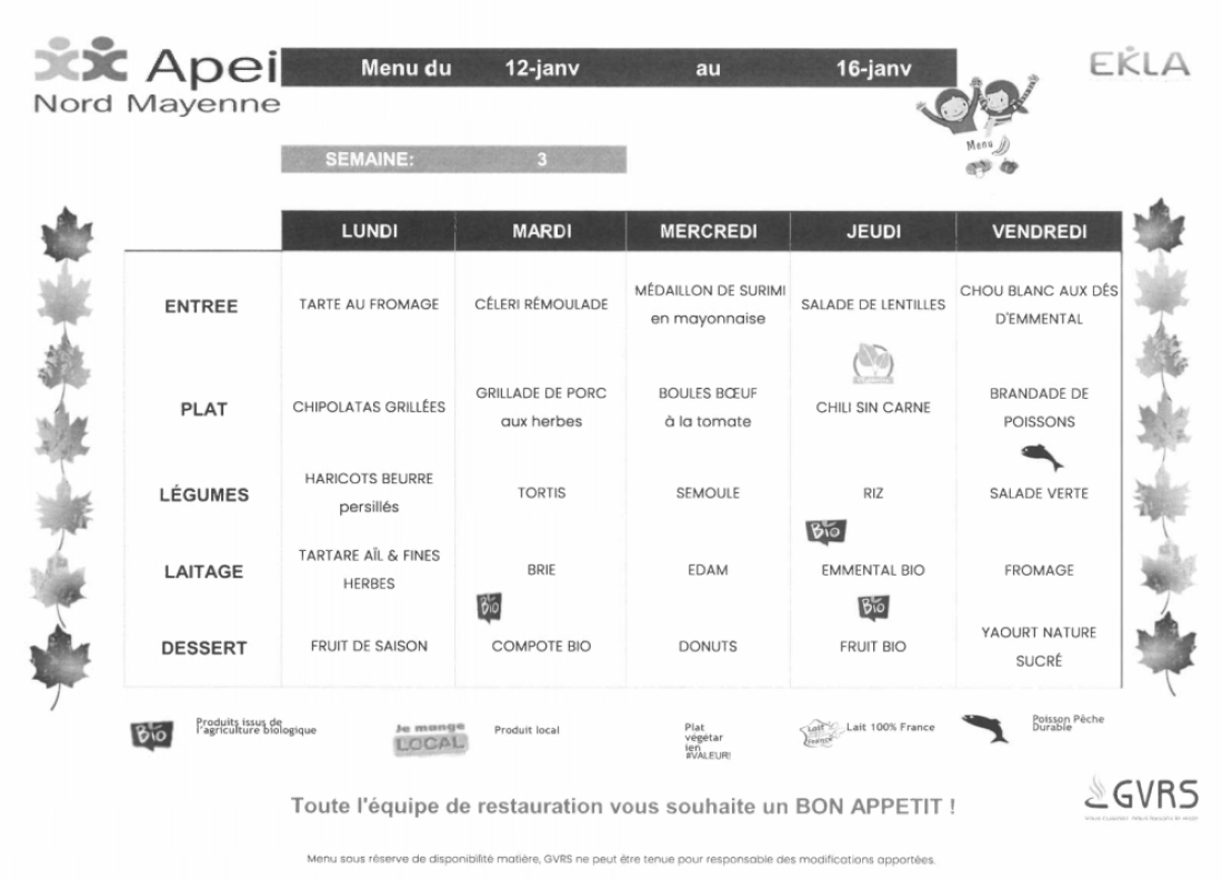 Menus du 12 au 16 janvier 2026