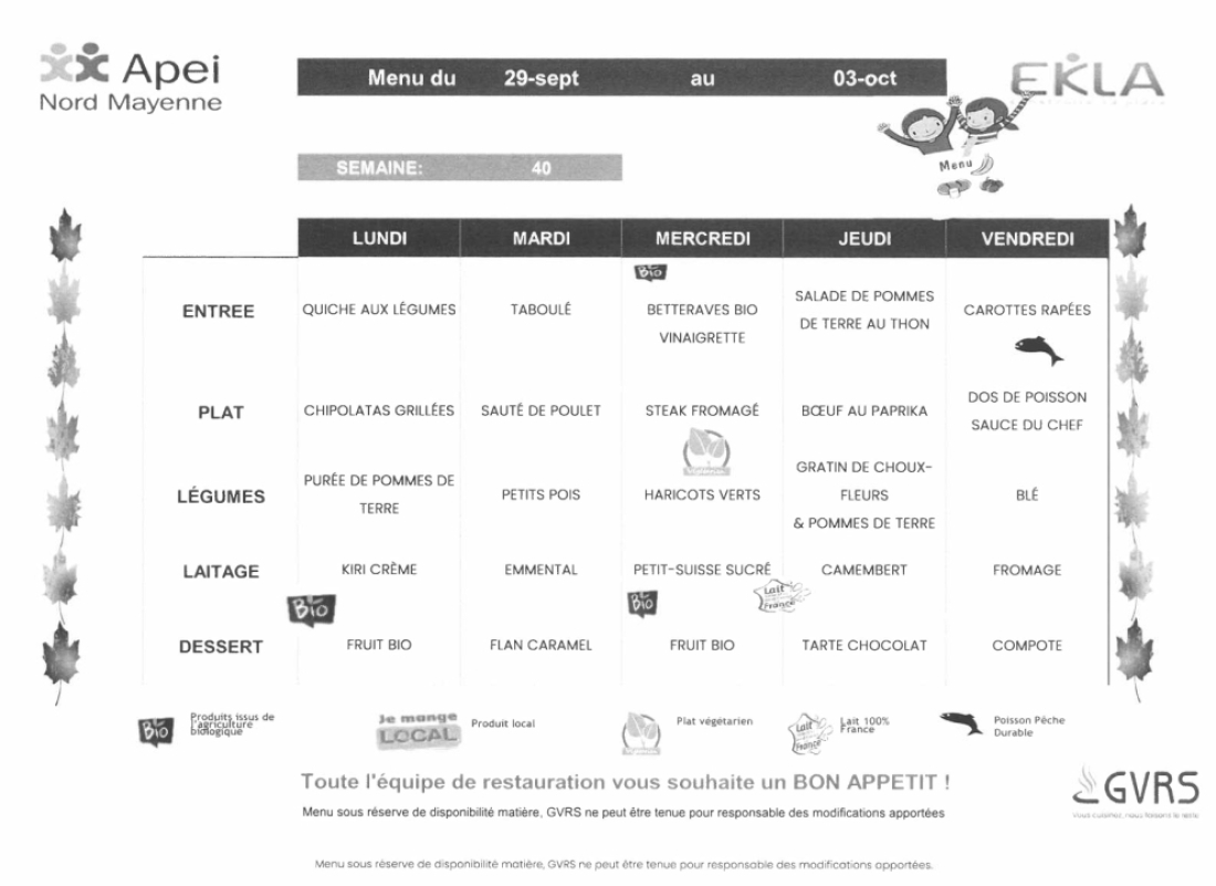 Menus du 29 au 3 octobre 2025