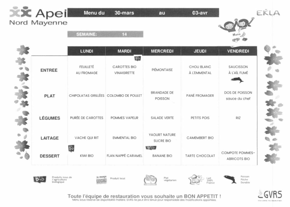 Menus du 30 mars au 03 avril