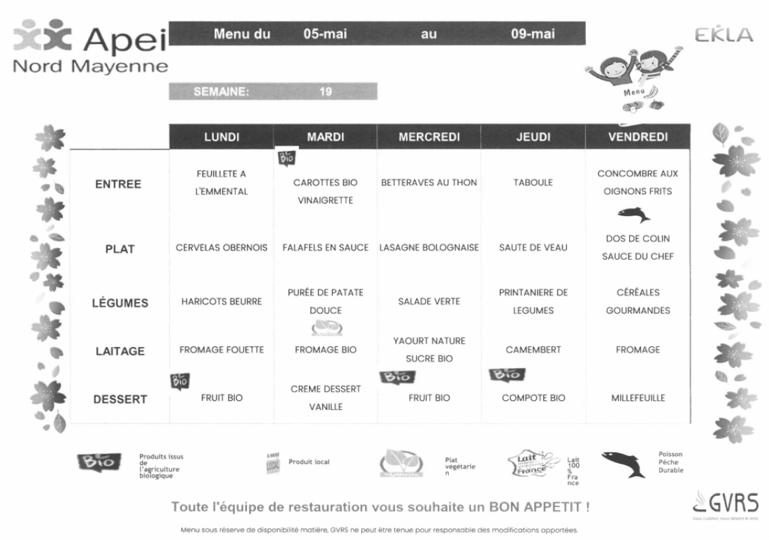 Menus du 5 au 9 mai 2025