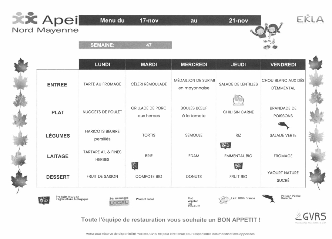 Menus du 17 au 21 novembre