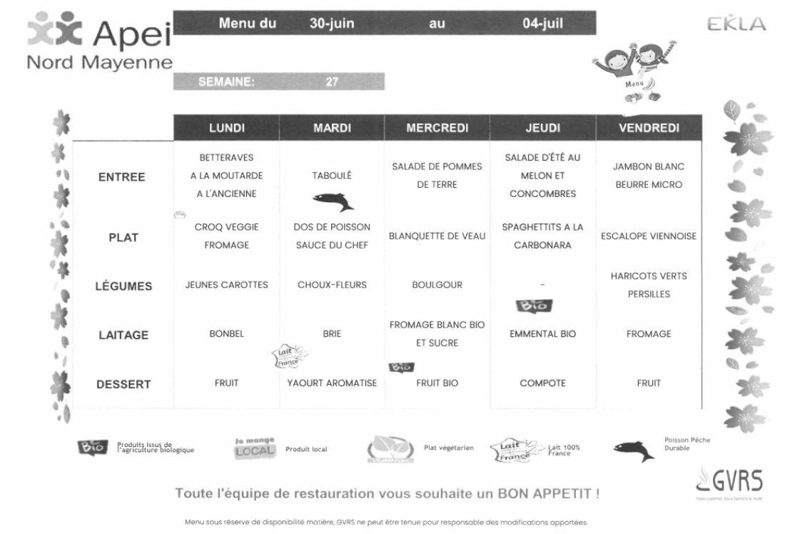 Menus du 30 au 04 juillet 2025