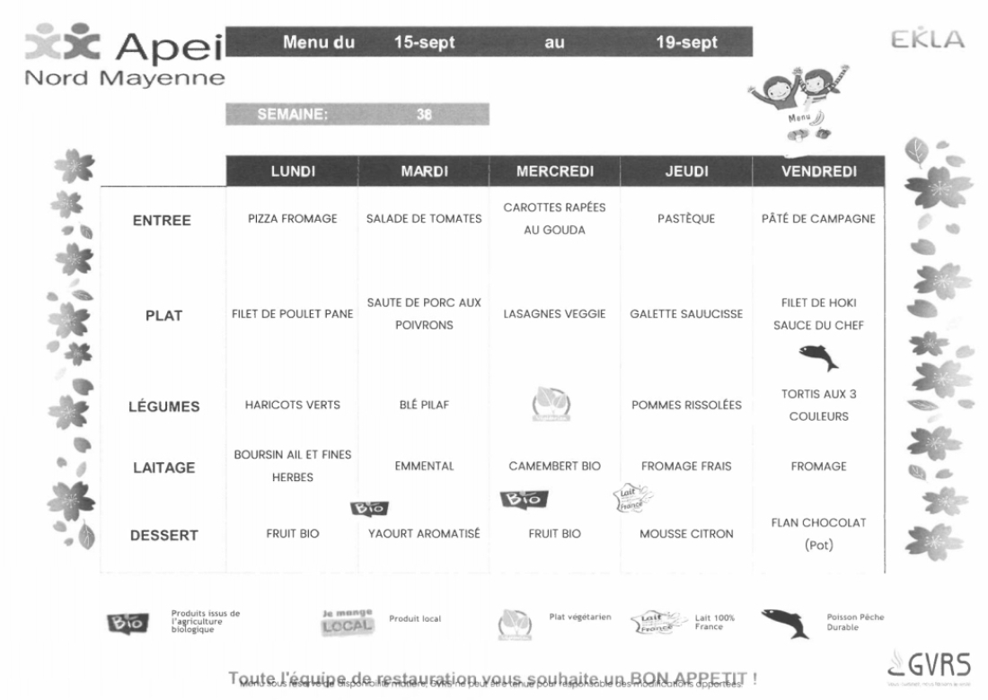 Menus du 15 au 19 septembre