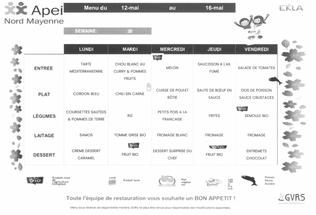 Menus du 12 au 16 mai 2025
