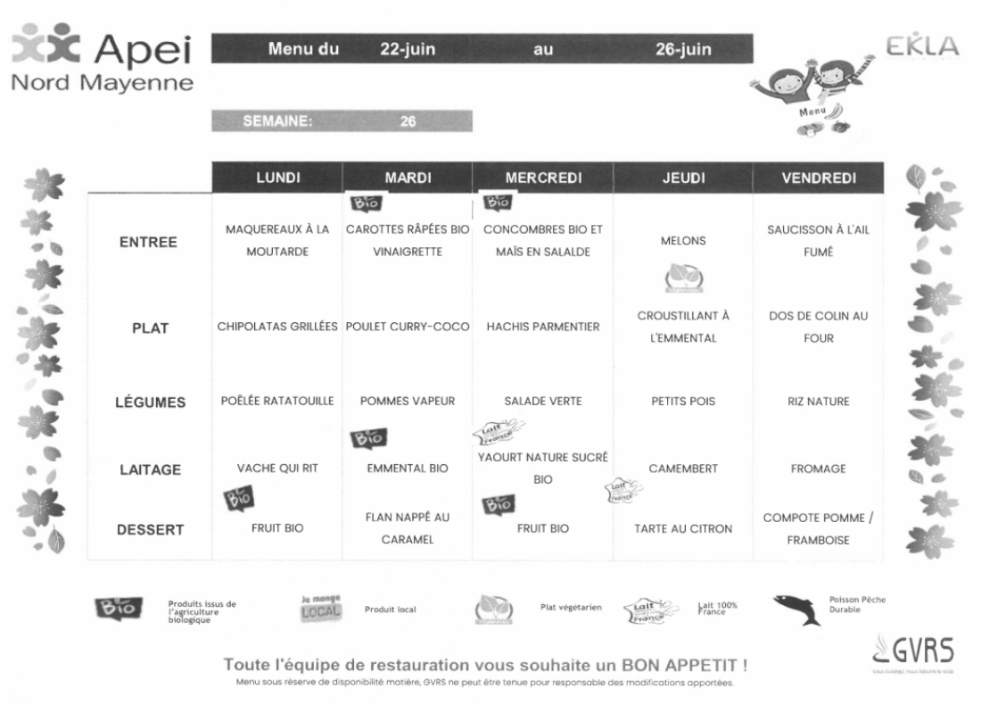 Menus du 22 au 26 juin 2026
