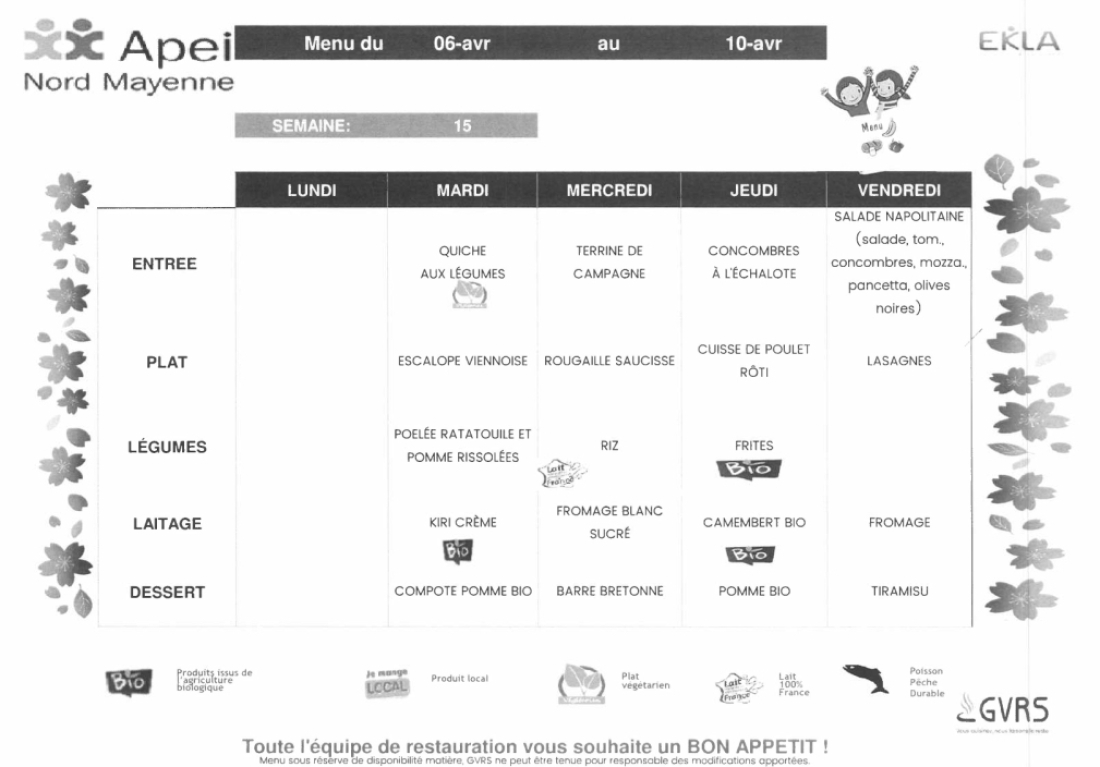 Menus du 6 au 10 avril