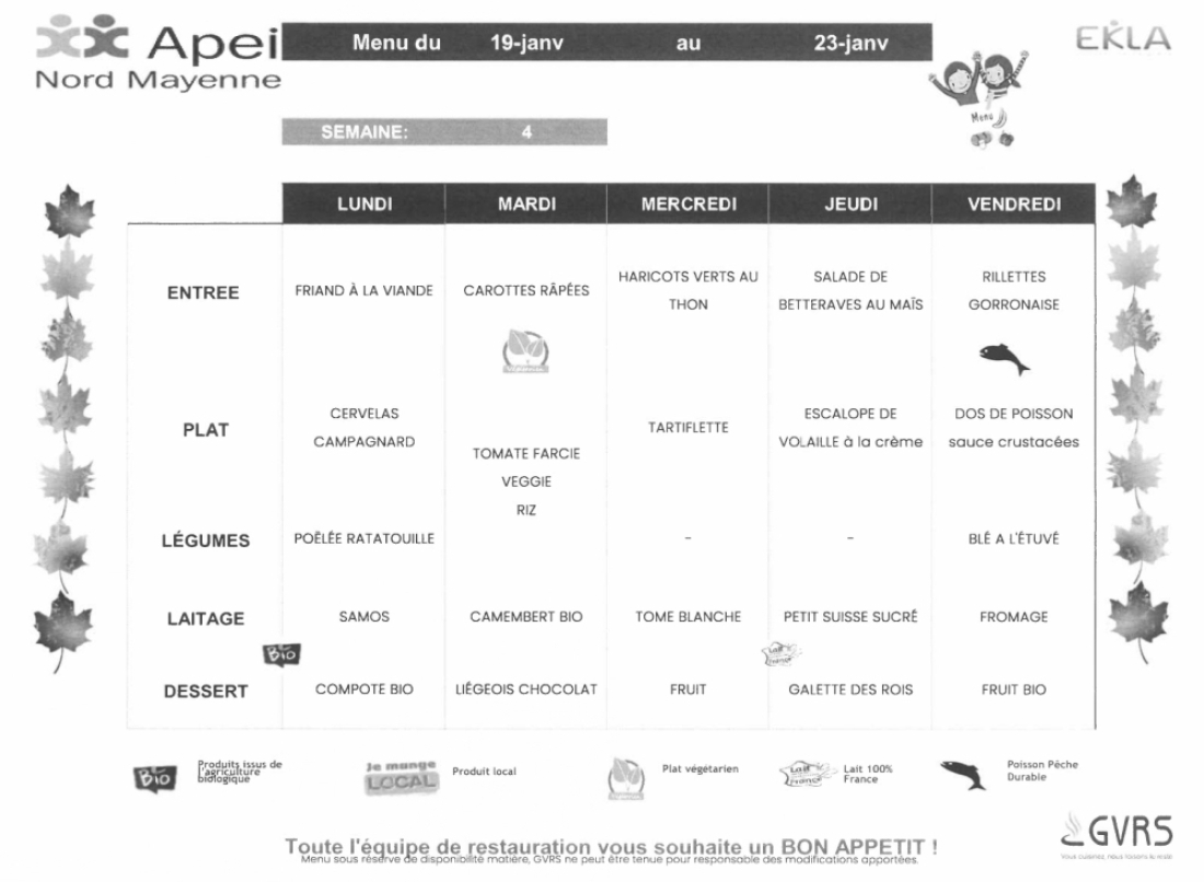 Menus du 19 au 23 janvier 2026