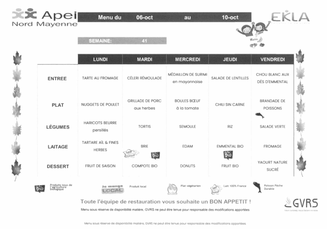 Menus du 6 octobre au 10 octobre 2025