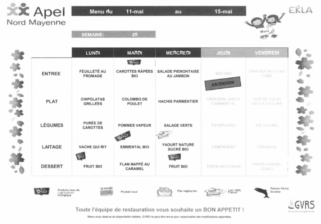 Menus du 11 mai au 15 mai