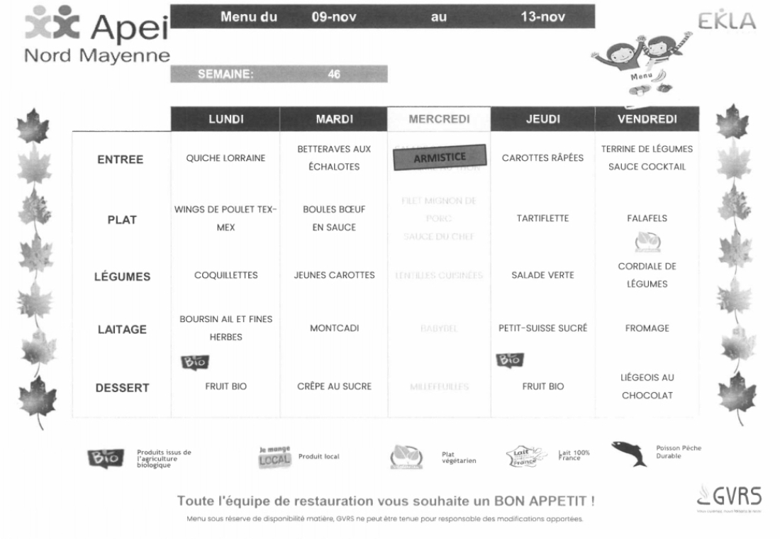 Menus du 9 au 13 novembre 2026